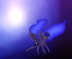 Size: 1100x900 | Tagged: safe, artist:lmaodoofus, princess luna, alicorn, pony, g4, ethereal mane, female, flying, galaxy mane, galaxy tail, horn, mare, princess of the night, solo, space, spread wings, wings