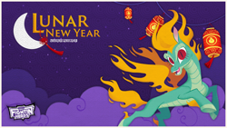 Size: 1200x675 | Tagged: safe, artist:mane6, tianhuo (tfh), dragon, hybrid, longma, them's fightin' herds, chinese new year, cloud, community related, female, lantern, logo, looking at you, lunar new year, moon, open mouth, paper lantern, purple background, simple background, solo, update