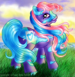 Size: 500x515 | Tagged: safe, artist:flyingpony, starswirl, earth pony, pony, g1, 2005, butt, colorswirl ponies, female, grass, looking at you, mare, open mouth, open smile, pink eyes, plot, smiling, solo, standing, stripes, sunrise, sunset