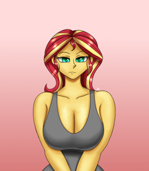 Size: 1300x1500 | Tagged: safe, artist:zachc, sunset shimmer, equestria girls, g4, big breasts, breasts, busty sunset shimmer, cleavage, clothes, female, gradient background, looking at you, sleeveless, solo