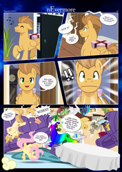 Size: 3259x4607 | Tagged: safe, artist:estories, discord, fluttershy, oc, oc:alice goldenfeather, oc:comet, oc:fable, oc:möbius, draconequus, earth pony, pegasus, phoenix, pony, unicorn, comic:nevermore, g4, :|, book, bookshelf, comic, cup, eyes closed, female, food, glowing, glowing horn, grandfather clock, horn, male, mare, pegasus oc, popcorn, speech bubble, stallion, table, teacup, wings