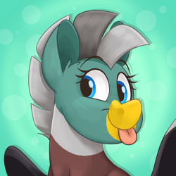 Size: 2500x2500 | Tagged: safe, artist:luximus17, oc, oc only, oc:duk, pony, abstract background, aside glance, bust, high res, looking at you, portrait, profile picture, smiling, smiling at you, solo, spread wings, three quarter view, tongue out, turned head, wings
