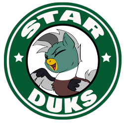 Size: 4000x4000 | Tagged: safe, artist:onemorepony, oc, oc only, oc:duk, duck pony, pegasus, pony, /mlptg/ the bannermanes, logo, pegasus oc, quack, simple background, solo, starbucks, transparent background