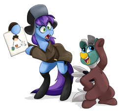 Size: 3487x3162 | Tagged: safe, artist:luximus17, oc, oc only, oc:cher nobyl, oc:duk, duck pony, pony, chart, clothes, duo, funny, hat, high res, jacket, mocking, quack, simple background, smug, transparent background, ushanka, yelling