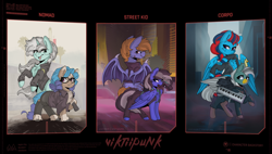 Size: 2920x1655 | Tagged: oc name needed, safe, artist:viktiipunk, oc, oc only, oc:duk, oc:orion, oc:swiftwing, cyborg, pegasus, pony, unicorn, chest fluff, clothes, cyberpunk, cyberpunk 2077, ear fluff, eye clipping through hair, eyebrows, eyebrows visible through hair, folded wings, glasses, gun, handgun, high res, hooves, horn, keyboard, life path, looking back, mouth hold, open mouth, open smile, palindrome get, pistol, raised hoof, signature, smiling, standing, tail, two toned mane, two toned tail, unshorn fetlocks, wings