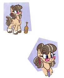 Size: 748x910 | Tagged: artist needed, source needed, safe, oc, oc:aunt arctica, yakutian horse, bust, ear piercing, earring, eggnog, fluffy, full body, glasses, jewelry, necklace, piercing, snowpony, witch