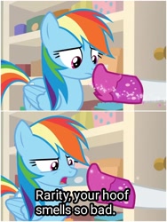Size: 1500x1999 | Tagged: safe, edit, edited screencap, screencap, rainbow dash, rarity, pegasus, pony, g4, the end in friend, boots, caption, clothes, female, glitter boots, mare, offscreen character, shoes, solo focus, text