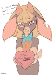 Size: 1462x2064 | Tagged: safe, artist:hyakuen, shanty (tfh), goat, semi-anthro, them's fightin' herds, alternate hairstyle, arm hooves, bandana, bipedal, blushing, box of chocolates, cloven hooves, community related, cute, dialogue, female, heart, implied paprika, lies, looking at you, loose hair, neckerchief, offering, rectangular pupil, romantic, shantabetes, simple background, solo, white background