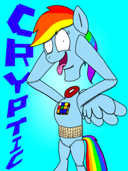Size: 2250x3000 | Tagged: safe, artist:professorventurer, rainbow dash, pegasus, pony, series:equestria now, g4, decapitated, decapitation, description is relevant, frankenstein's monster, gradient background, grimderp, headless, high res, ibispaint x, puzzle, rubik's cube, rubik's cube dash, severed head, shading, silly, silly pony, spread wings, stitches, text, weird, wings