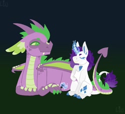 Size: 1100x1000 | Tagged: safe, artist:lepz_weird, rarity, spike, classical unicorn, dragon, pony, unicorn, g4, alternate design, cloven hooves, curved horn, duo, female, horn, intertwined tails, leonine tail, magic, male, older, older spike, ship:sparity, shipping, straight, tail, telekinesis, unshorn fetlocks, winged spike, wings
