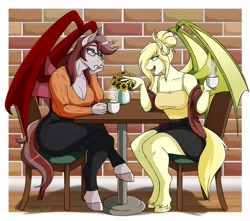 Size: 3400x3000 | Tagged: safe, artist:hasana-chan, oc, oc only, oc:sassy stride, oc:scarlet quill, bat pony, anthro, unguligrade anthro, bat pony oc, chair, chat, chatting, clothes, coffee, coffee cup, commission, conversation, crossed legs, cup, digital art, ear piercing, earring, fangs, female, flower, friends, gift art, glasses, jewelry, mare, milf, piercing, sitting, slit pupils, smiling, table