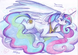 Size: 7015x4960 | Tagged: safe, artist:darkaudi1728, princess celestia, alicorn, pony, absurd resolution, cloud, female, floating heart, heart, large wings, lidded eyes, looking at you, lying down, lying on a cloud, mare, on a cloud, prone, solo, traditional art, wings