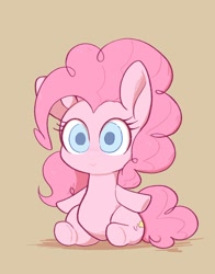 Size: 1558x1985 | Tagged: safe, artist:noupu, pinkie pie, earth pony, pony, brown background, chibi, colored pupils, cute, diapinkes, female, looking at you, mare, simple background, sitting, smiling, smiling at you, solo, underhoof