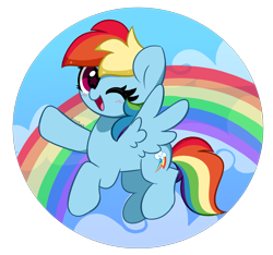Size: 4072x3813 | Tagged: safe, artist:kittyrosie, rainbow dash, pegasus, pony, blushing, cute, dashabetes, female, mare, one eye closed, open mouth, open smile, rainbow, simple background, smiling, solo, tail, transparent background, wings, wink