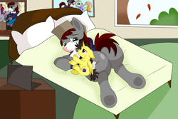 Size: 9000x6000 | Tagged: safe, artist:rainbowtashie, oc, oc:khaki-cap, oc:tommy the human, alicorn, earth pony, pony, alicorn oc, bed, bedroom, blanket, butt, cabinet, child, clothes, colt, computer, concerned, cute, cutie mark, daaaaaaaaaaaw, flank, foal, hat, horn, laptop computer, lying down, male, painting, picture, pillow, plot, red nosed, sad, sick, stallion, sweater, teary eyes, wings, worried