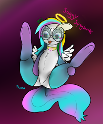 Size: 2000x2405 | Tagged: safe, artist:pawker, oc, oc:soggy spaghetti, pegasus, glasses, halo, raised hoof, spread legs, spreading, swamp cinema, tongue out