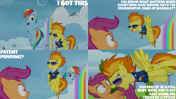 Size: 1280x720 | Tagged: safe, edit, edited screencap, editor:quoterific, screencap, rainbow dash, scootaloo, spitfire, pegasus, pony, g4, season 8, the washouts (episode), clothes, crossed hooves, drill sergeant, female, filly, flying, foal, full body wing and hoof cast drinking through a straw, mare, necktie, open mouth, spitfire's tie, suit, sunglasses, text, uniform, wonderbolts dress uniform