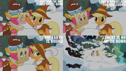 Size: 1280x720 | Tagged: safe, edit, edited screencap, editor:quoterific, screencap, applejack, chancellor puddinghead, pinkie pie, smart cookie, earth pony, pony, g4, hearth's warming eve (episode), season 2, :o, duo, eyes closed, female, mare, open mouth, snow