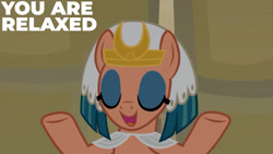 Size: 1280x720 | Tagged: safe, edit, edited screencap, editor:quoterific, screencap, somnambula, pegasus, pony, a rockhoof and a hard place, g4, season 8, egyptian, egyptian headdress, egyptian pony, eyes closed, female, mare, open mouth, open smile, smiling, solo