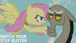 Size: 1280x720 | Tagged: safe, edit, edited screencap, editor:quoterific, screencap, discord, fluttershy, draconequus, pegasus, pony, g4, keep calm and flutter on, season 3, duo, element of kindness, female, flying, male, mare, open mouth, smiling, spread wings, wings