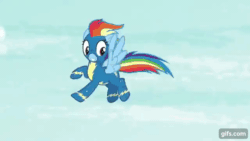 Size: 640x360 | Tagged: safe, screencap, rainbow dash, pegasus, pony, g4, newbie dash, season 6, abuse, animated, bone, clothes, cloud, dashabuse, female, flying, gif, gifs.com, grayscale, grin, lightning, mare, open mouth, pain, shocked, skeleton, smiling, solo, spread wings, uniform, wings, wonderbolts uniform