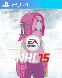 Size: 800x997 | Tagged: safe, fluttershy, equestria girls, g4, cover, ea sports, female, game, game cover, helmet, hockey, hockey helmet, hockey mask, hockey puck, ice hockey, mask, nhl, nhl 15, solo, sports
