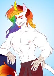 Size: 2150x3035 | Tagged: safe, artist:devlya76, oc, oc:kadaus, classical unicorn, unicorn, anthro, anthro oc, belly button, bipedal, clothes, cloven hooves, commission, curved horn, high res, horn, leonine tail, looking at you, male, multicolored hair, muscles, muscular male, nipples, nudity, partial nudity, pecs, rainbow hair, simple background, smiling, smiling at you, solo, sporty style, standing, tail, topless, unicorn oc, unshorn fetlocks, ych result