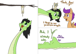 Size: 2000x1414 | Tagged: safe, artist:happy harvey, scootaloo, spike, oc, oc:filly anon, cat, dragon, original species, pegasus, pony, snake, snake pony, g4, abdominal bulge, comic, dialogue, ear fluff, exclamation point, fangs, female, female pred, filly, filly pred, foal, forked tongue, hanging, kitten, looking at each other, looking at someone, looking up, male prey, on head, open mouth, phone drawing, rescue, simple background, slit pupils, species swap, spikeprey, spread wings, transparent background, tree, tree branch, vore, wings