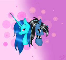 Size: 3587x3279 | Tagged: safe, artist:maneblue, oc, oc only, earth pony, pony, unicorn, abstract background, choker, duo, earth pony oc, eyelashes, face paint, female, high res, horn, mare, spiked choker, unicorn oc