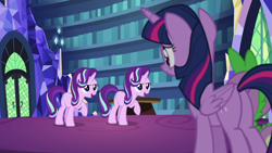 Size: 1920x1080 | Tagged: safe, screencap, spike, starlight glimmer, twilight sparkle, alicorn, pony, unicorn, every little thing she does, g4, season 6, butt, female, library, mare, plot, similo duplexis, twibutt, twilight sparkle (alicorn), twilight's castle, twilight's castle library