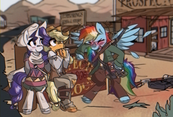 Size: 1350x920 | Tagged: safe, artist:provolonepone, applejack, rainbow dash, rarity, earth pony, pegasus, pony, unicorn, g4, applejack's hat, asexual, asexual pride flag, assault rifle, backpack, blushing, clothes, commission, cowboy hat, desert, fallout, fallout: new vegas, female, goodsprings, gun, harmonica, hat, laughing, lesbian, lesbian pride flag, lever action rifle, m16, musical instrument, pride, pride flag, rifle, sign, weapon