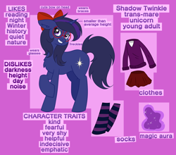 Size: 3456x3048 | Tagged: safe, artist:dreamy990, oc, oc:shadow twinkle, pony, unicorn, bow, female, glasses, hair bow, high res, mare, reference sheet, round glasses, solo, trans female, transgender