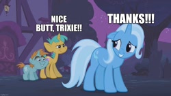 Size: 1280x720 | Tagged: safe, edit, edited screencap, screencap, snails, snips, trixie, pony, unicorn, boast busters, butt, caption, colt, eyes on the prize, female, foal, grin, image macro, male, mare, nervous, nervous grin, plot, smiling, text, trio, truth