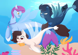 Size: 1280x905 | Tagged: safe, artist:bloodyartwork, oc, oc only, pegasus, pony, seapony (g4), bubble, clothes, coral, crepuscular rays, dorsal fin, female, fin wings, fins, fish tail, flowing mane, flowing tail, jewelry, looking at each other, looking at someone, male, mare, necklace, ocean, open mouth, open smile, seaponified, seaweed, see-through, smiling, species swap, stallion, sunlight, tail, underwater, water, wings