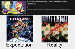 Size: 1395x918 | Tagged: safe, applejack, sunset shimmer, album cover, bobby kimball, caption, europe, expectation vs reality, image macro, meme, obscure reference, pun, text, youtube thumbnail