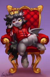 Size: 1948x3000 | Tagged: safe, artist:jedayskayvoker, oc, oc:sir muncher, bat pony, pony, bat pony oc, bat wings, clothes, crown, ear piercing, gradient background, heterochromia, hoodie, jewelry, looking at you, male, piercing, regalia, sitting, solo, stallion, stripes, throne, wings