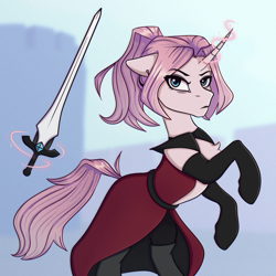 Size: 2000x2000 | Tagged: safe, artist:tanatos, oc, oc only, pony, unicorn, clothes, eyebrows, eyebrows visible through hair, female, frown, glowing, glowing horn, high res, horn, magic, magic aura, mare, pink hair, ponytail, rearing, solo, sword, telekinesis, unicorn oc, weapon