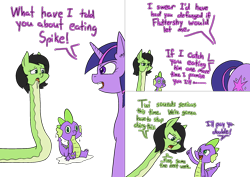 Size: 2000x1414 | Tagged: safe, artist:happy harvey, spike, twilight sparkle, oc, oc:filly anon, dragon, original species, pony, snake, snake pony, unicorn, g4, angry, comic, cutie mark, dialogue, drool, ear fluff, female, fetish, filly, implied vore, open mouth, phone drawing, post-vore, rescue, sick, simple background, sitting, species swap, stomach acid, thousand yard stare, tongue out, transparent background, vore, willing vore, yelling