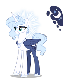 Size: 3212x4000 | Tagged: safe, artist:orin331, princess luna, alicorn, pony, g4, alternate universe, cutie mark, female, folded wings, frown, full body, halo, high res, hoof shoes, hooves, horn, jewelry, mare, redesign, regalia, shadow, short hair, show accurate, signature, simple background, solo, standing, teal eyes, three quarter view, transparent background, wings