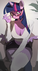 Size: 1152x2176 | Tagged: safe, artist:smewed, twilight sparkle, alicorn, anthro, belly button, breasts, busty twilight sparkle, cleavage, clothes, crossed legs, female, glasses, looking at you, sexy, smiling, socks, solo, thigh highs, twilight sparkle (alicorn)