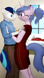 Size: 1080x1920 | Tagged: safe, artist:backmaker, shining armor, oc, oc:steamy, pony, unicorn, anthro, carrying, clothes, couch, date, dress, living room, ponytail, reference, shipping, short, shy, suit, tall, window