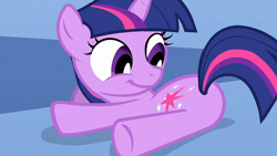 Size: 1280x720 | Tagged: safe, screencap, twilight sparkle, pony, unicorn, g4, season 1, the cutie mark chronicles, :t, butt, cutie mark, female, filly, filly twilight sparkle, foal, happy, hooves, horn, looking back, plot, purple eyes, smiling, solo, tail, twibutt, unicorn twilight, younger