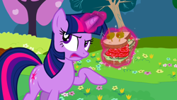 Size: 1280x720 | Tagged: safe, screencap, twilight sparkle, pony, unicorn, a canterlot wedding, g4, season 2, bread, cucumber, female, food, magic, mare, mocking, olives, raised hoof, sandwich, sandwich armor, solo, telekinesis, tomato, toothpick, twilight being twilight, unicorn twilight