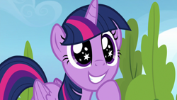 Size: 1280x720 | Tagged: safe, screencap, twilight sparkle, alicorn, pony, g4, season 6, top bolt, cute, excited, female, folded wings, grin, hoof on chin, horn, mare, multicolored mane, multicolored tail, purple eyes, smiling, solo, starry eyes, tail, twiabetes, twilight sparkle (alicorn), wingding eyes, wings