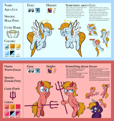 Size: 1920x2044 | Tagged: safe, artist:alexdti, oc, oc only, oc:aqua lux, oc:purple creativity, oc:warm focus, pegasus, pony, blue eyes, blushing, crossed hooves, female, glasses, grin, gritted teeth, halo, hoof hold, hooves, mare, one eye closed, onomatopoeia, open mouth, open smile, pegasus oc, reference sheet, shoulder angel, shoulder devil, smiling, spread wings, trident, wings, wink