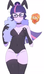 Size: 1869x3147 | Tagged: safe, artist:4phr0sd3l0s, sci-twi, sunset shimmer, twilight sparkle, equestria girls, g4, bunny suit, clothes, female, lesbian, ship:sci-twishimmer, ship:sunsetsparkle, shipping, socks, solo, stockings, thigh highs