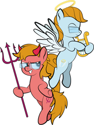 Size: 1920x2538 | Tagged: safe, artist:alexdti, oc, oc only, oc:aqua lux, oc:warm focus, pony, ^^, duo, eyes closed, female, glasses, grin, halo, high res, hoof hold, hooves, lyre, male, musical instrument, shoulder angel, shoulder devil, simple background, smiling, spread wings, transparent background, trident, underhoof, wings