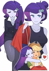 Size: 2139x3048 | Tagged: safe, artist:4phr0sd3l0s, applejack, rarity, equestria girls, g4, cute, duo, duo female, eyebrows, eyebrows visible through hair, female, frown, heart, high res, hug, jackabetes, lesbian, multeity, open mouth, open smile, raribetes, ship:rarijack, shipping, simple background, smiling, speech bubble, white background