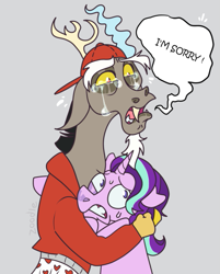 Size: 465x579 | Tagged: safe, artist:noodlezss, editor:zcord, discord, starlight glimmer, draconequus, pony, unicorn, a matter of principals, g4, antlers, apology, clothes, crying, duo, female, frown, gray background, horn, how do you do fellow kids, hug, male, mare, open mouth, request, requested art, signature, simple background, speech bubble, steve buscemi, sweat, teeth, underwear