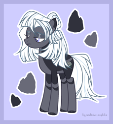 Size: 1650x1800 | Tagged: safe, artist:unelmienvartija, oc, earth pony, pony, abstract background, coat markings, earth pony oc, eyeshadow, female, frown, full body, hooves, lidded eyes, makeup, next generation, outline, parent:maud pie, signature, solo, standing, tail, white outline